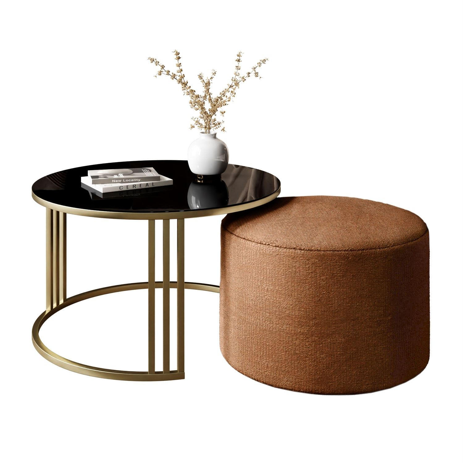 COUCHTISCH mit Hocker LORI GLASS gebürstetes Gold/schwarzes Glas/Perfect Harmony 52 - Schwarz, Metall (70/70/49cm) - Lookway