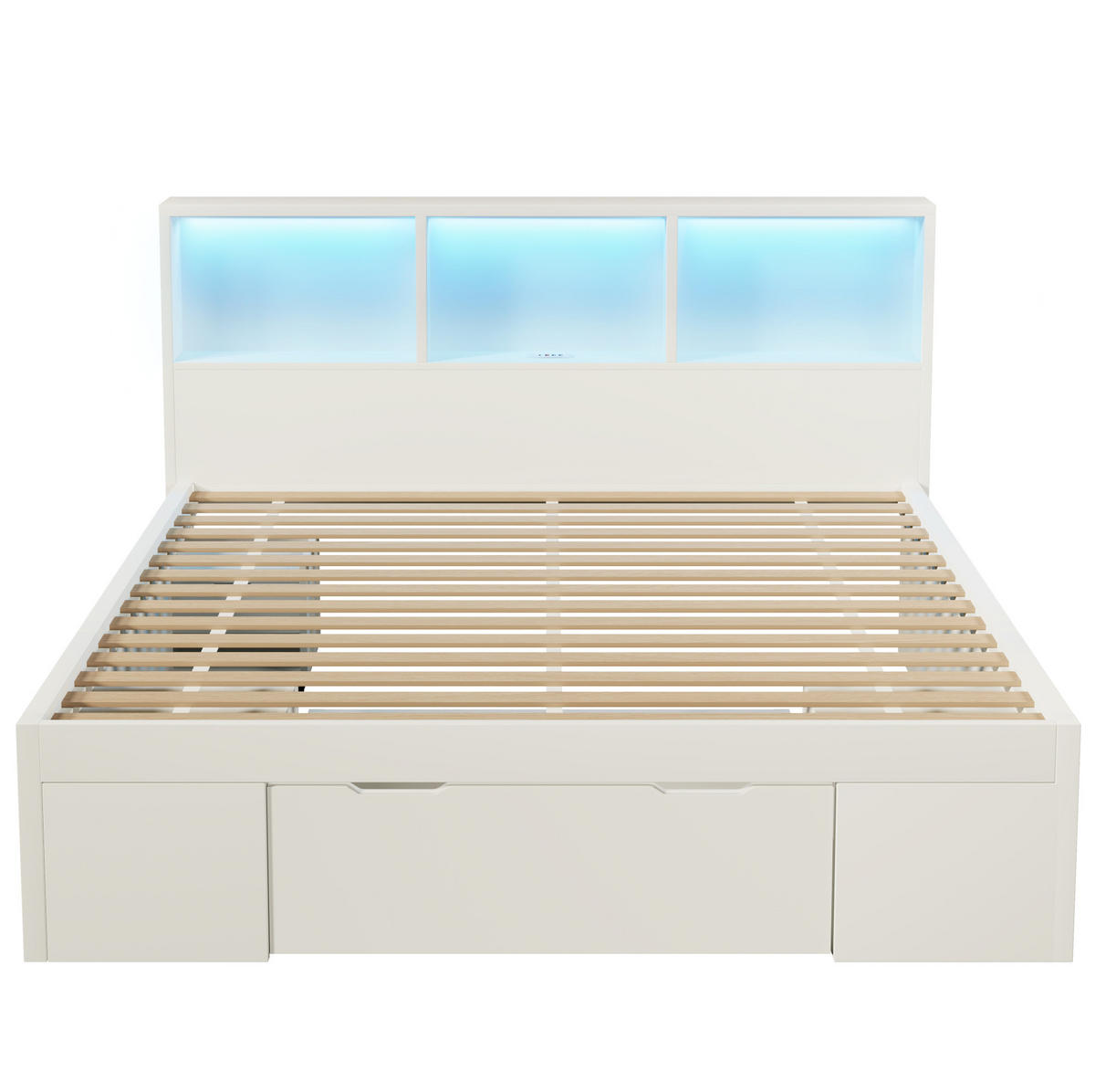 MANŽELSKÁ posteľ 140/190 cm biela z dreva s LED osvetlením USB a 2 pohyblivými nočnými stolíkmi - biela, kompozitné drevo (140/190cm) - OKWISH