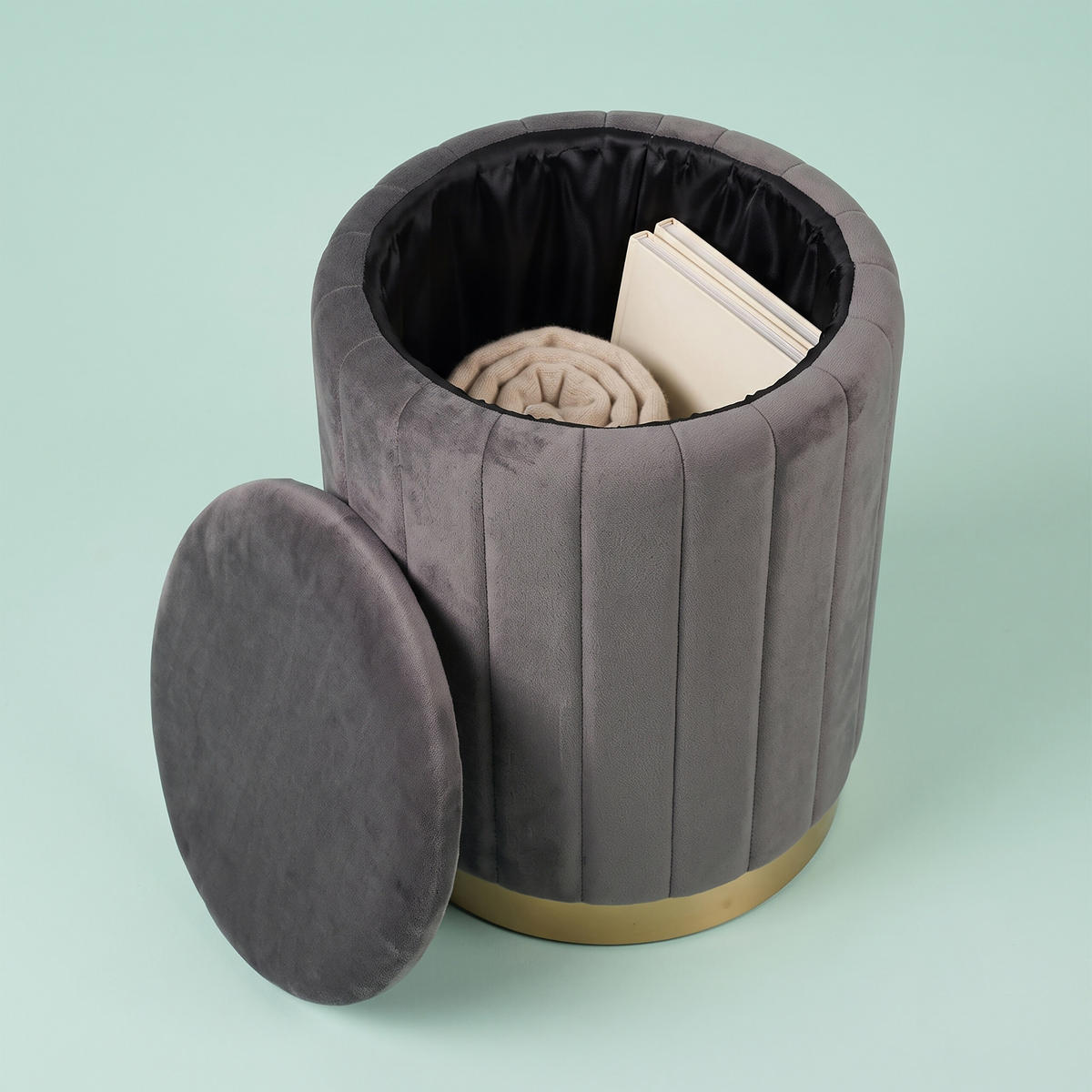 HOCKER Dunkelgrau Samt mit Stauraum 42x32 cm - Anthrazit, Holzwerkstoff/Textil (32/42/32cm) - Relaxdays