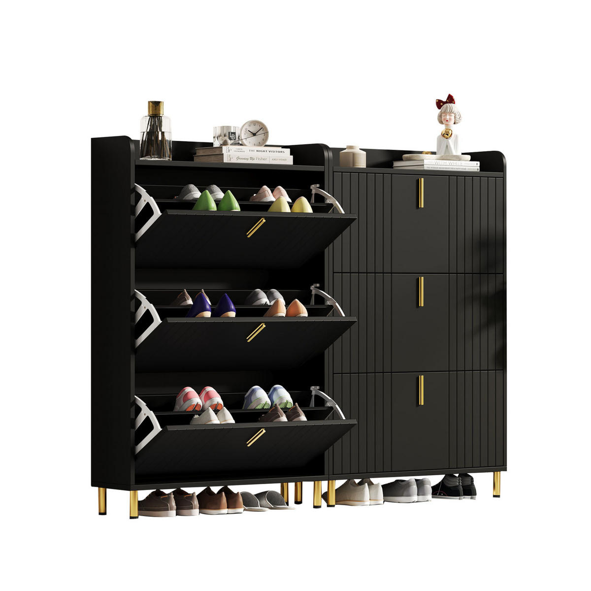 SCHUHSCHRANK-SET 80/23/123,5 cm aus MDF mit verstellbaren Regalböden und Kippsicherung, Schwarz - Schwarz, Holzwerkstoff (80/123/23cm) - Redom