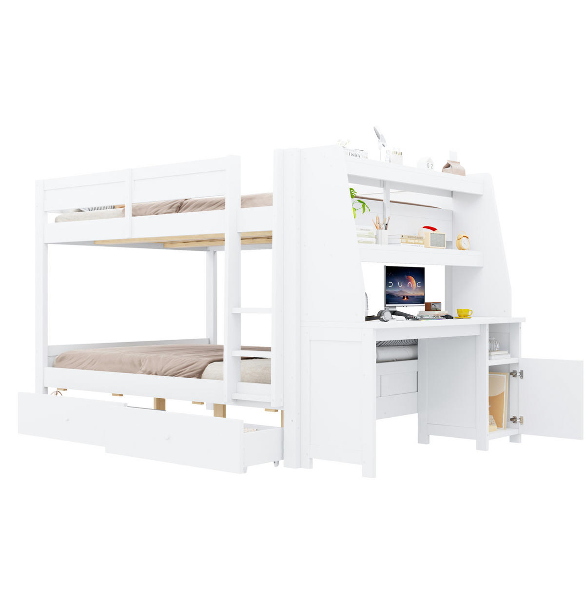 ETAGENBETT 140x200 cm in Weiß mit Schreibtisch, Stauraum und seitlichem Schrank - Weiß, Holz (140/200cm) - IVMEU