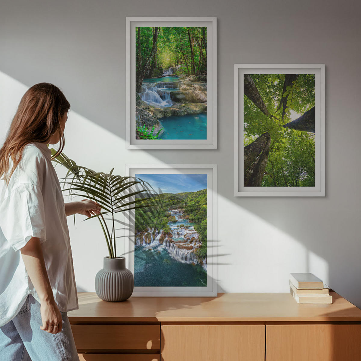 BILDER SET 3er Set - 40x60 cm Weißer Rahmen - Wasserfälle grüner Wald Wasser - Weiß, Kunststoff (40/60cm) - TULUP