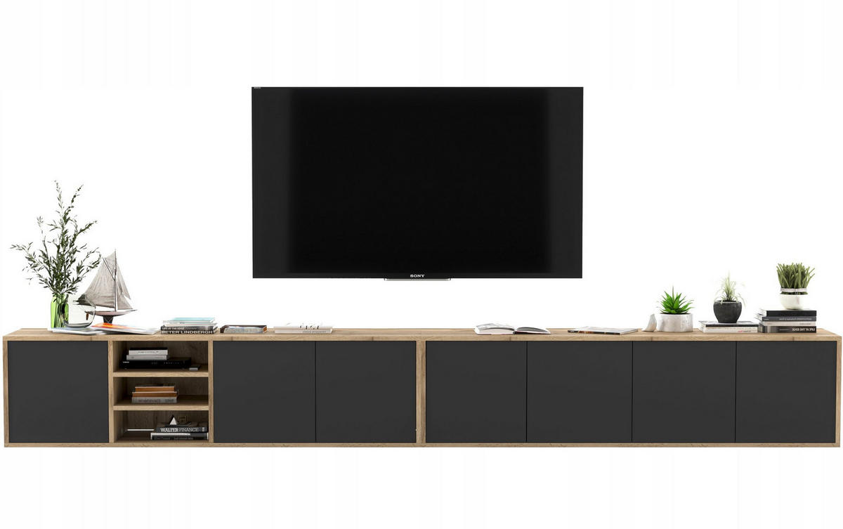 TV-LOWBOARD 2-er Set Apollo Eiche wotan Schwarz Matt 150 cm - Schwarz, Holzwerkstoff (300/39/35cm) - Meble Lindner