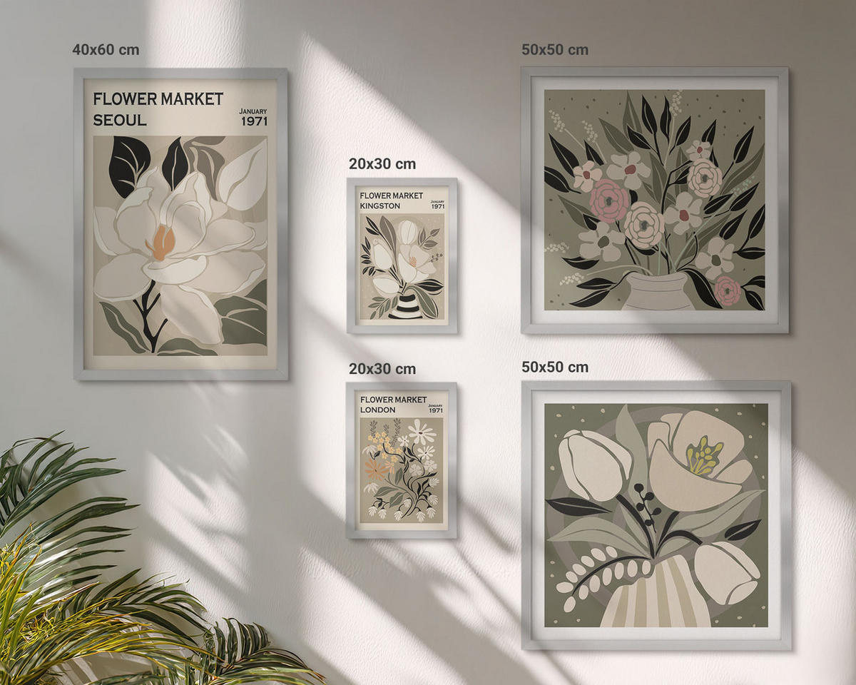 BILDER SET 5er Set - 50x50 cm & 20x30 cm & 40x60 cm Silberner Rahmen - Retro-Blumen aus Städten rund um die Welt - Silberfarben, Kunststoff (40/60cm) - TULUP