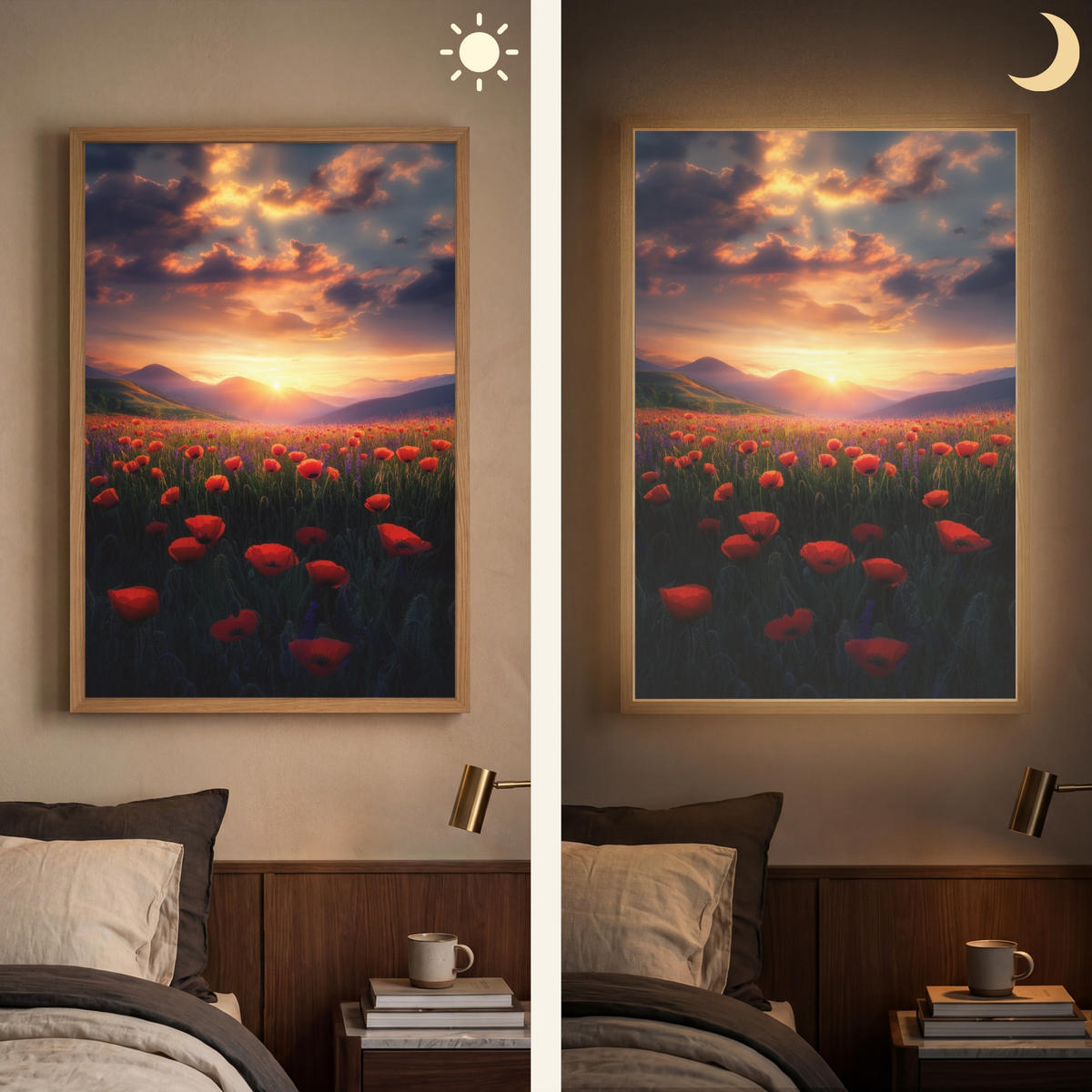 WANDLEUCHTE MIT AKKU Landschaft - Sonnenuntergang - Blumenfeld 70x100 cm - Rot, Holzwerkstoff (70/100/8cm) - OnlyWow