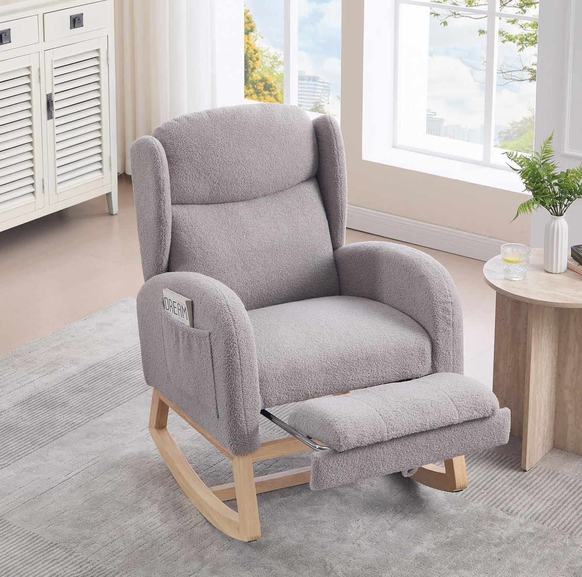 SCHAUKELSTUHL Teddy-Stoff mit Fußstütze und Seitentaschen 122.5/70/104 cm Grau - Grau, Textil (70/104/122.5cm) - Redom