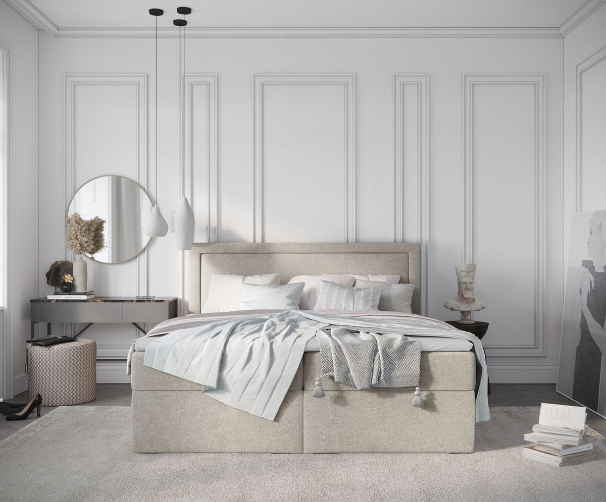 BOXBETT Tribeca Beige Grau 180/200 cm mit Taschenmatratze und Topper - Beige/Schwarz, Holz/Holzwerkstoff (180/200cm) - Maison de Reve