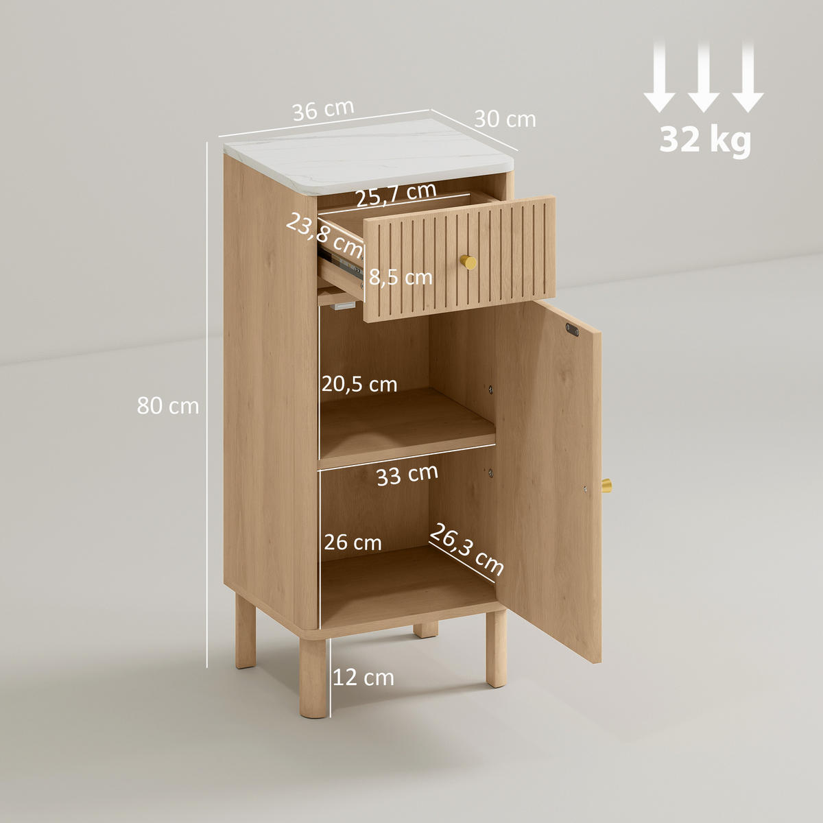 BADEZIMMERSCHRANK Eichefarben und Marmor-Optik 36/30/80 cm - Eichefarben, Holzwerkstoff (36/80/30cm) - PANGIVO
