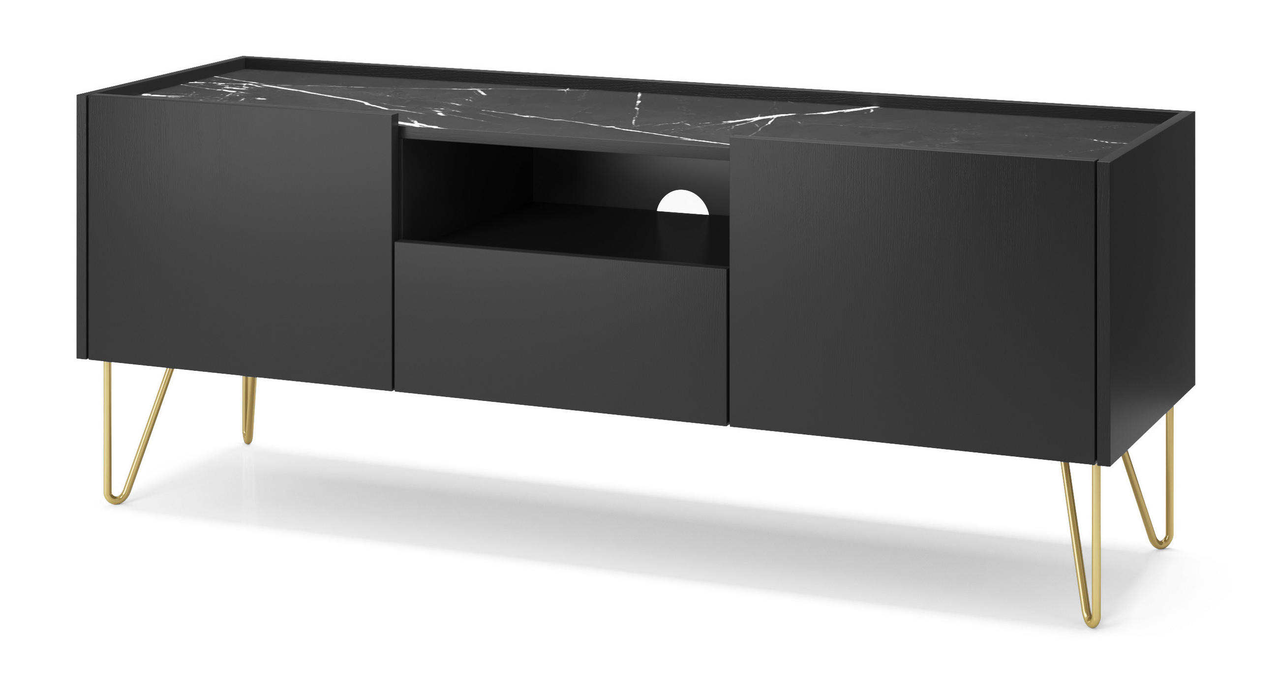 TV-SCHRANK 144 cm mit Schublade Olven, goldene Beine, Schwarz - Schwarz, Holz (144/55/37cm) - Emporius