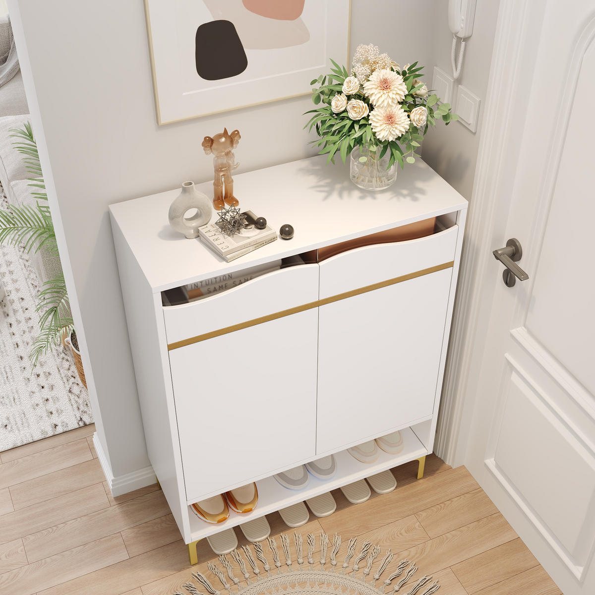 SCHUHSCHRANK 80x35x105 Weiß LED 16 Farben Schubladen Ablagen - Weiß, Holzwerkstoff (35/105/80cm) - FLIEKS