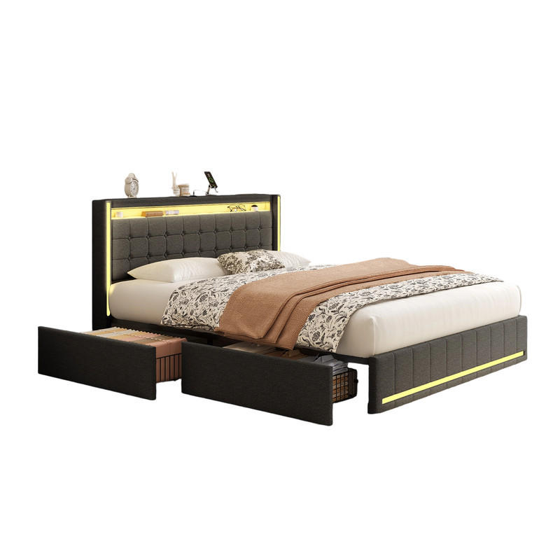 POLSTERBETT 160/200 cm dunkelgrau mit Schubladen, LED und USB - Grau, Holz