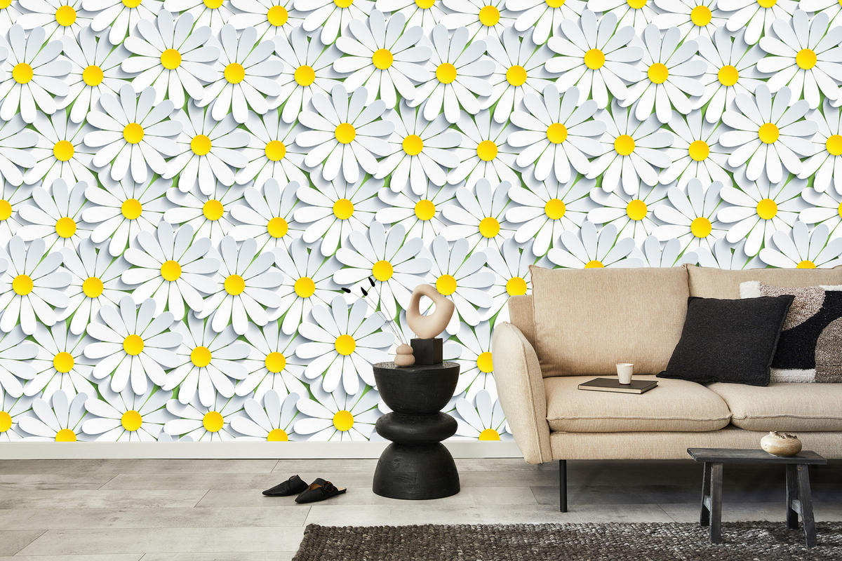 VLIESTAPETE Kamillenblüten – Weiß, Gelb, Grau – 50x1000 cm - Gelb/Weiß, Papier (50/1000cm) - Muralo