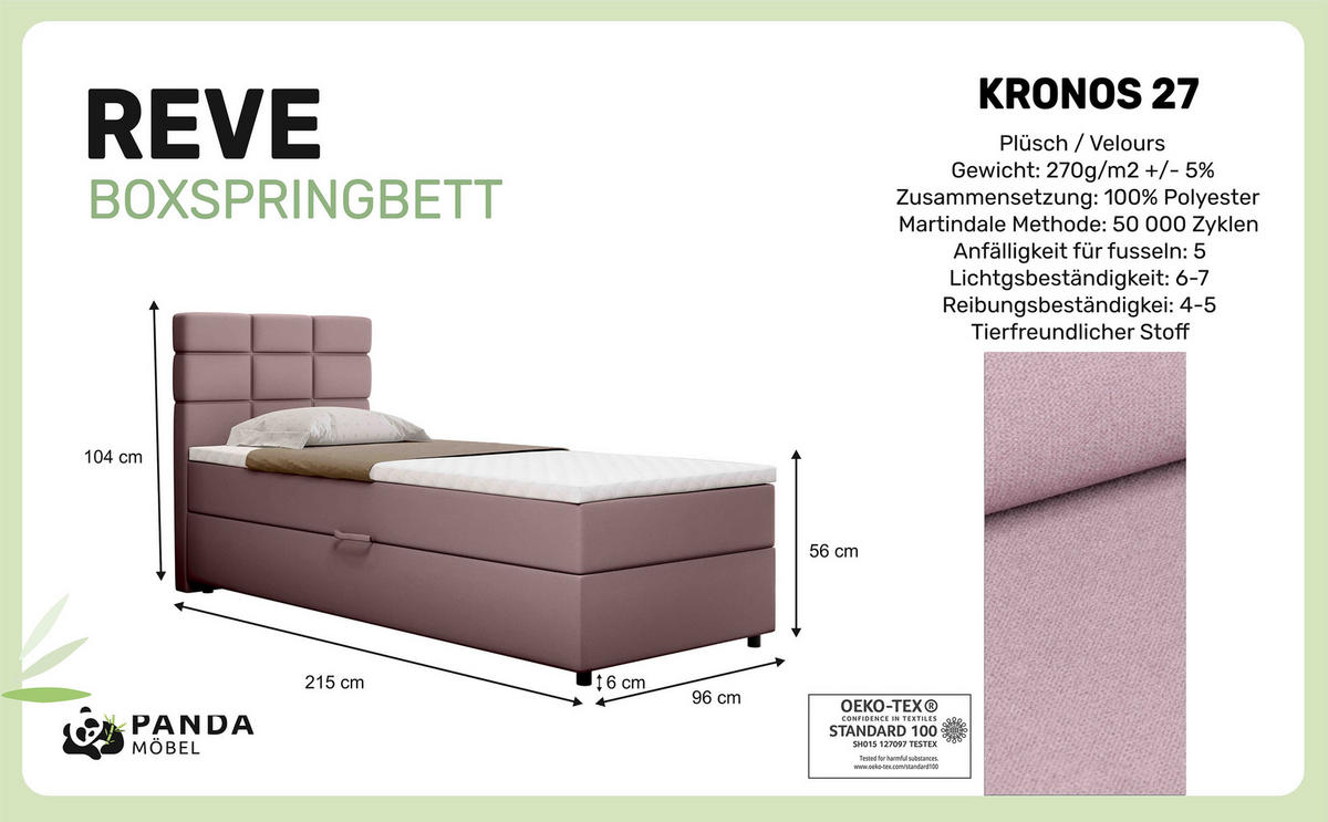 BOXBETT Reve 90 x 200 cm mit Bettkasten und Lattenrost ohne matratze - rosa - Rosa, Holz (90/206cm) - Panda Möbel