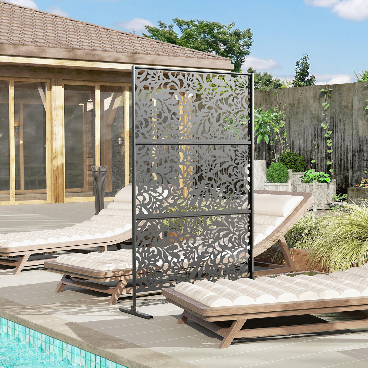 SICHTSCHUTZWAND,3-TEILIG Stahl Blumenmuster 122x45x198cm,schwarz - Schwarz, Metall (122/198cm) - Vallsero