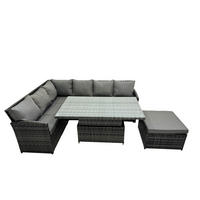 GARTENMÖBEL SET Polyrattan 7-Sitzer - Dunkelgrau/Grau, Glas/Kunststoff - Fimous