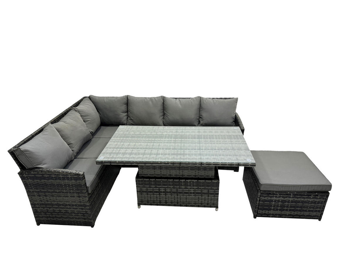 GARTENMÖBEL SET Polyrattan 7-Sitzer - Dunkelgrau/Grau, Glas/Kunststoff - Fimous