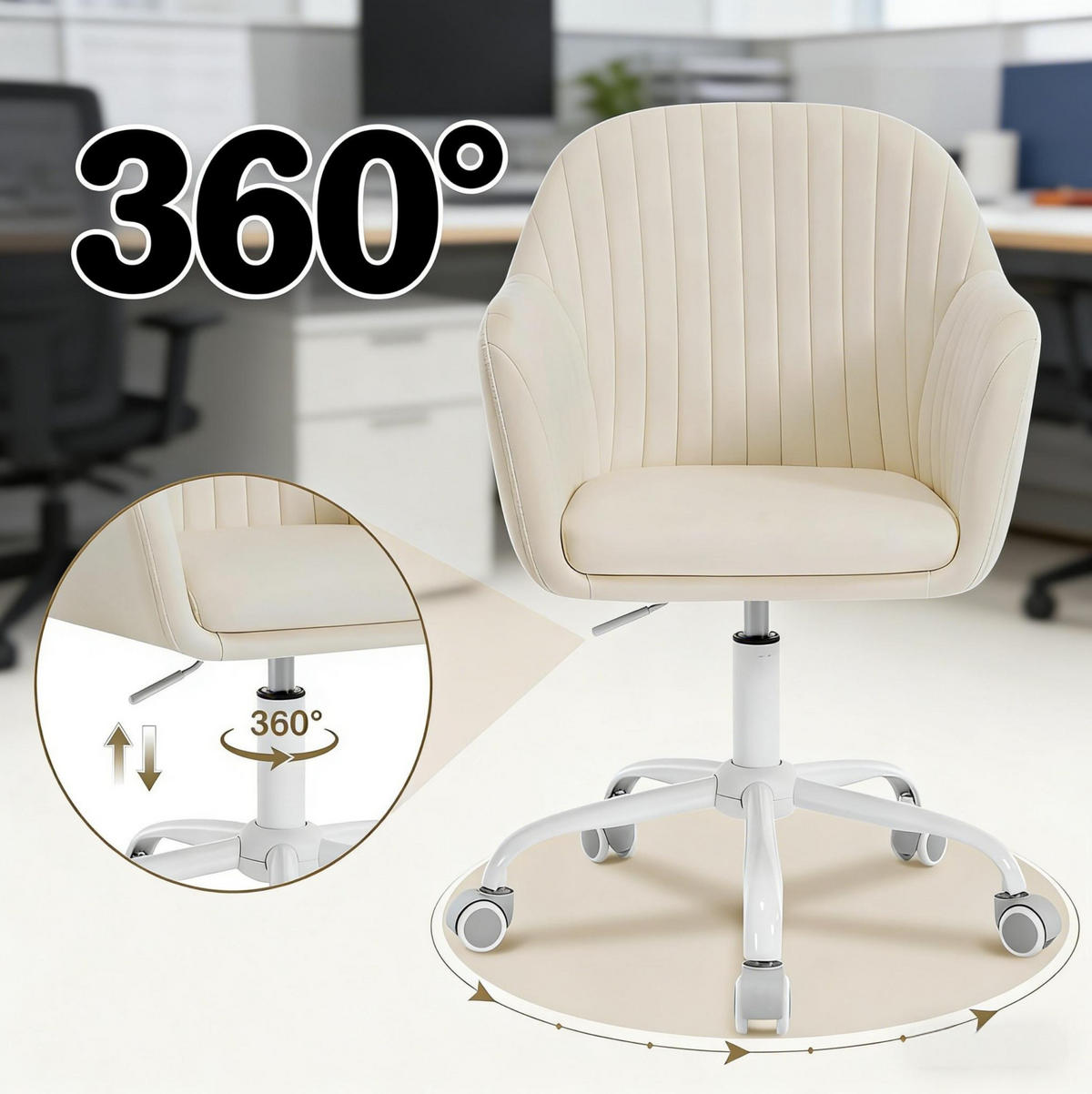 BÜROSTUHL in Cremeweiß 40x56x87 cm aus Samt, höhenverstellbar und drehbar - Creme, Metall (56/87/40cm) - IVMEU