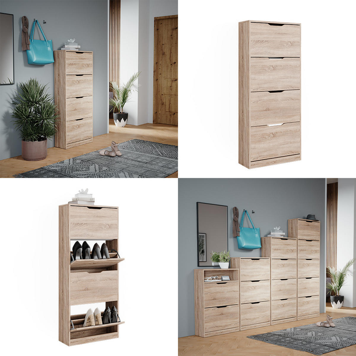SCHUHKIPPER Luca Sonoma 59 x 137 cm mit 4 Klappschubladen - Sonoma Eiche, Holzwerkstoff (59/137/22cm) - Vicco