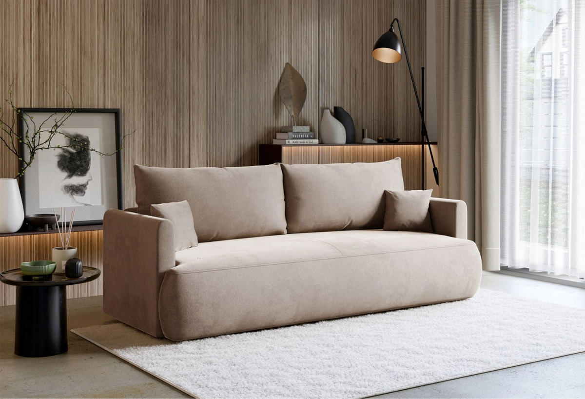 3-SITZER SOFA Ovo Mini Beige Velours Easy-Clean - Beige/Schwarz, Kunststoff/Textil (226/90/97cm) - Selsey