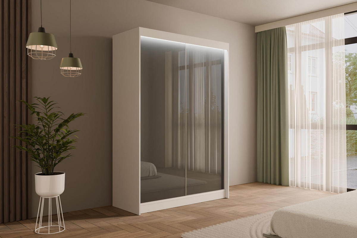 KLEIDERSCHRANK PEKA mit LED - 150 cm - Weiß|Grau - Weiß/Grau, Holzwerkstoff (150/215/61cm) - ALTDECOR