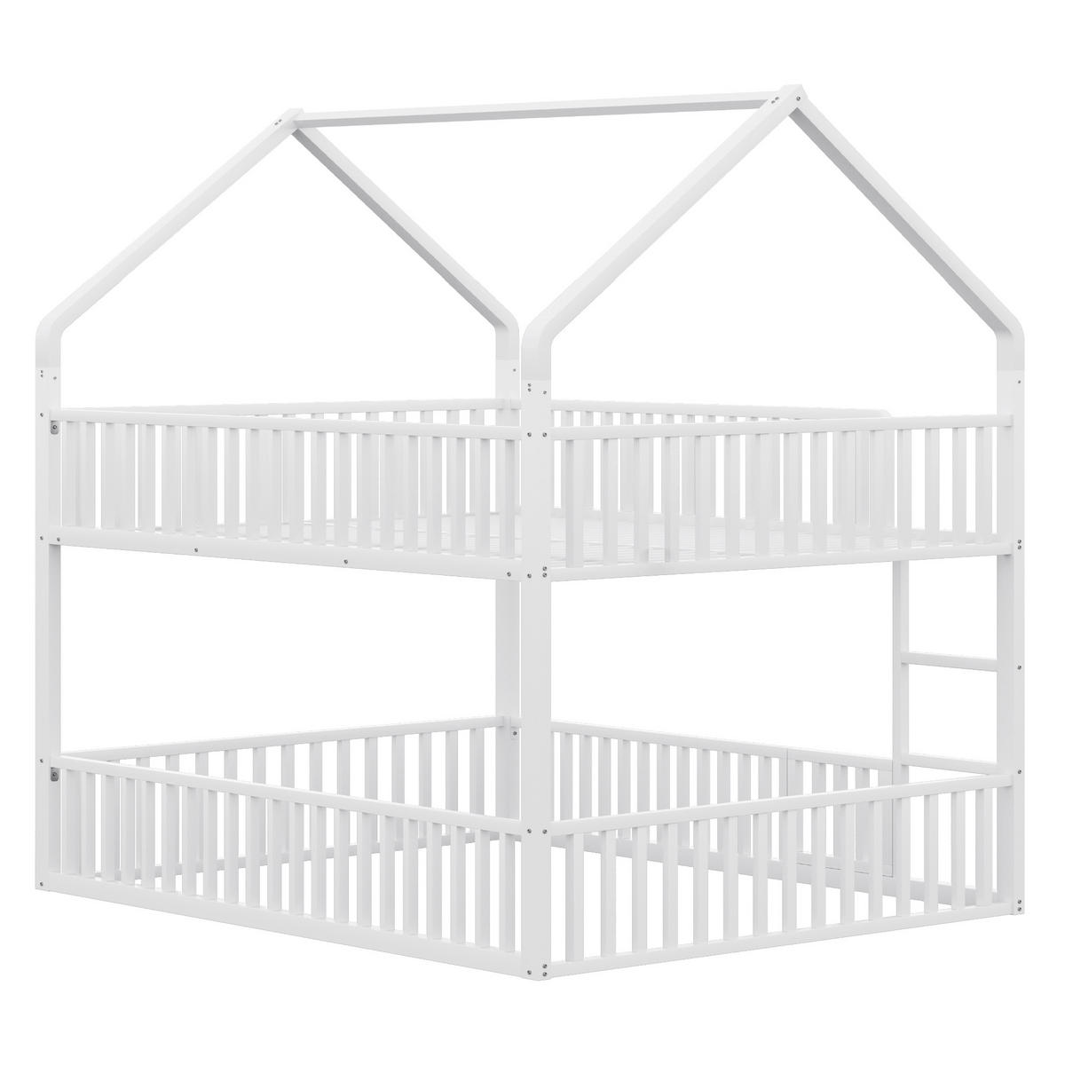 ETAGENBETT 140/200 cm Weiß aus Metall mit Haus-Design und Sicherheitsgeländern - Weiß, Metall (140/200cm) - OKWISH