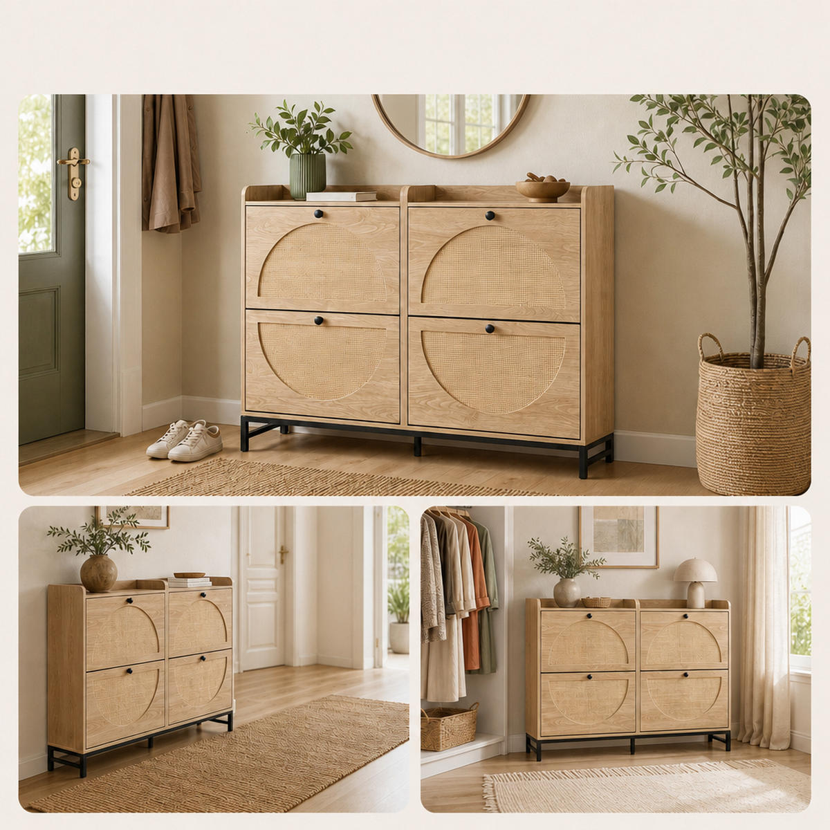 SCHUHSCHRANK Natur Rattanoptik 4-Klappen 90x120x24 cm - Hellbraun, Holzwerkstoff/Metall (120/90/24cm) - Relaxdays