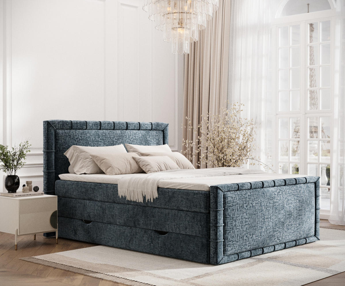 BOXBETT Estelle Blau 140/200 cm im Chenille-Stoff - Blau/Schwarz, Holz/Holzwerkstoff (140/200cm) - Maison de Reve