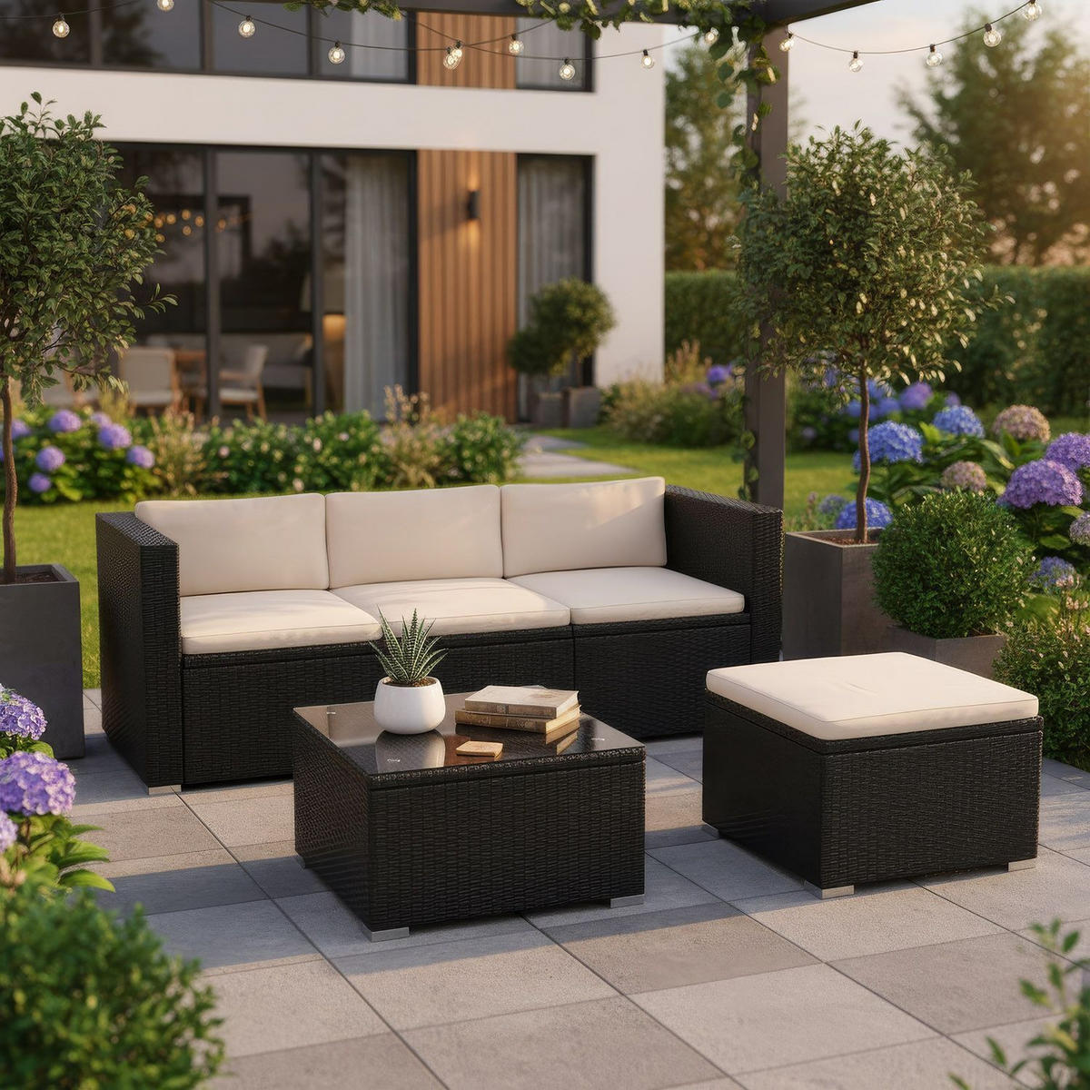 LOUNGEGARNITUR Punta Cana inkl. Abdeckung 3-tlg. - Creme, Kunststoff - Juskys