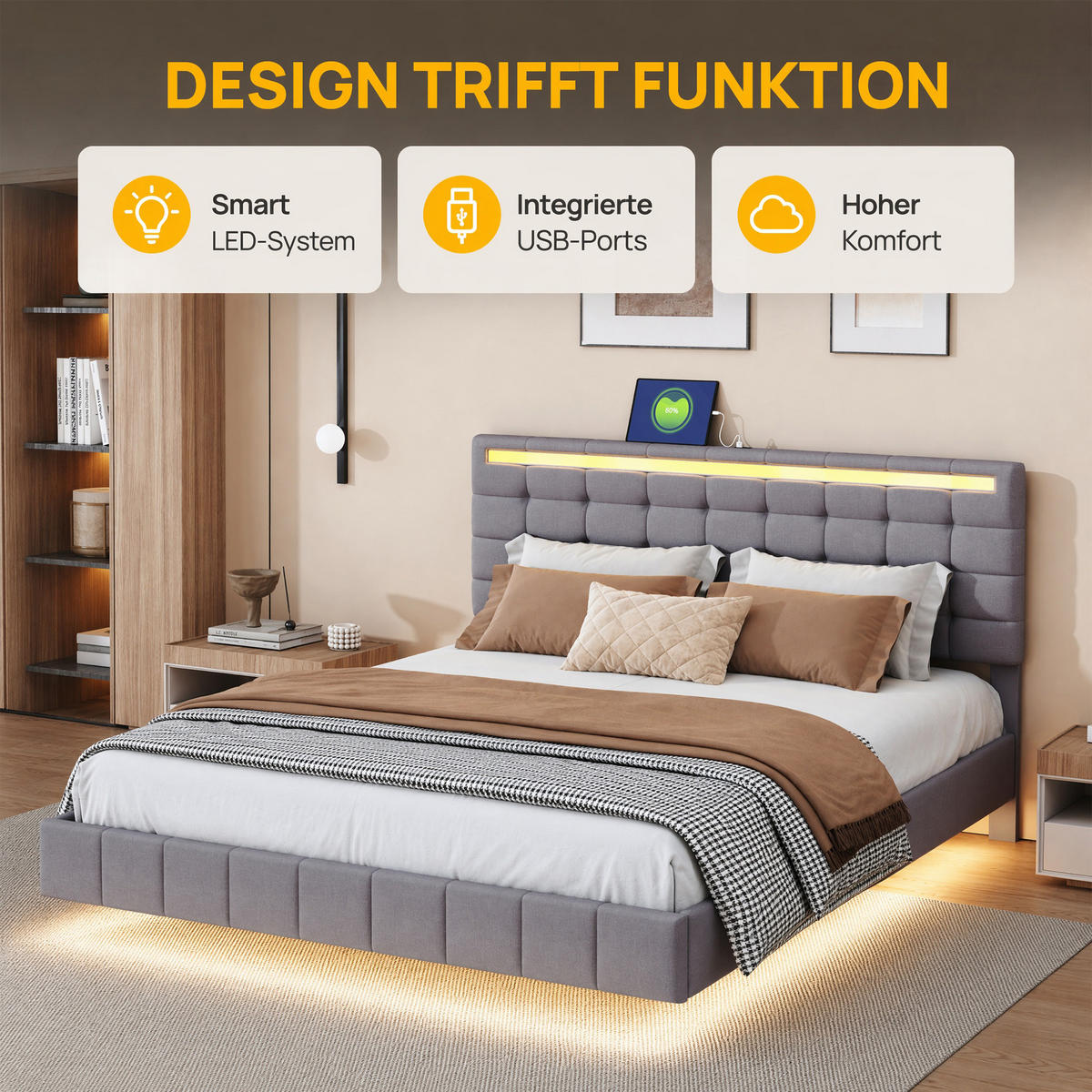 BETT 140x200 cm mit LED und USB, Doppelbett 140x200 cm mit Lattenrost, schwebendes Design, Leinenbezug Grau - Grau, Holz/Textil (140/200cm) - GENKI LIVING