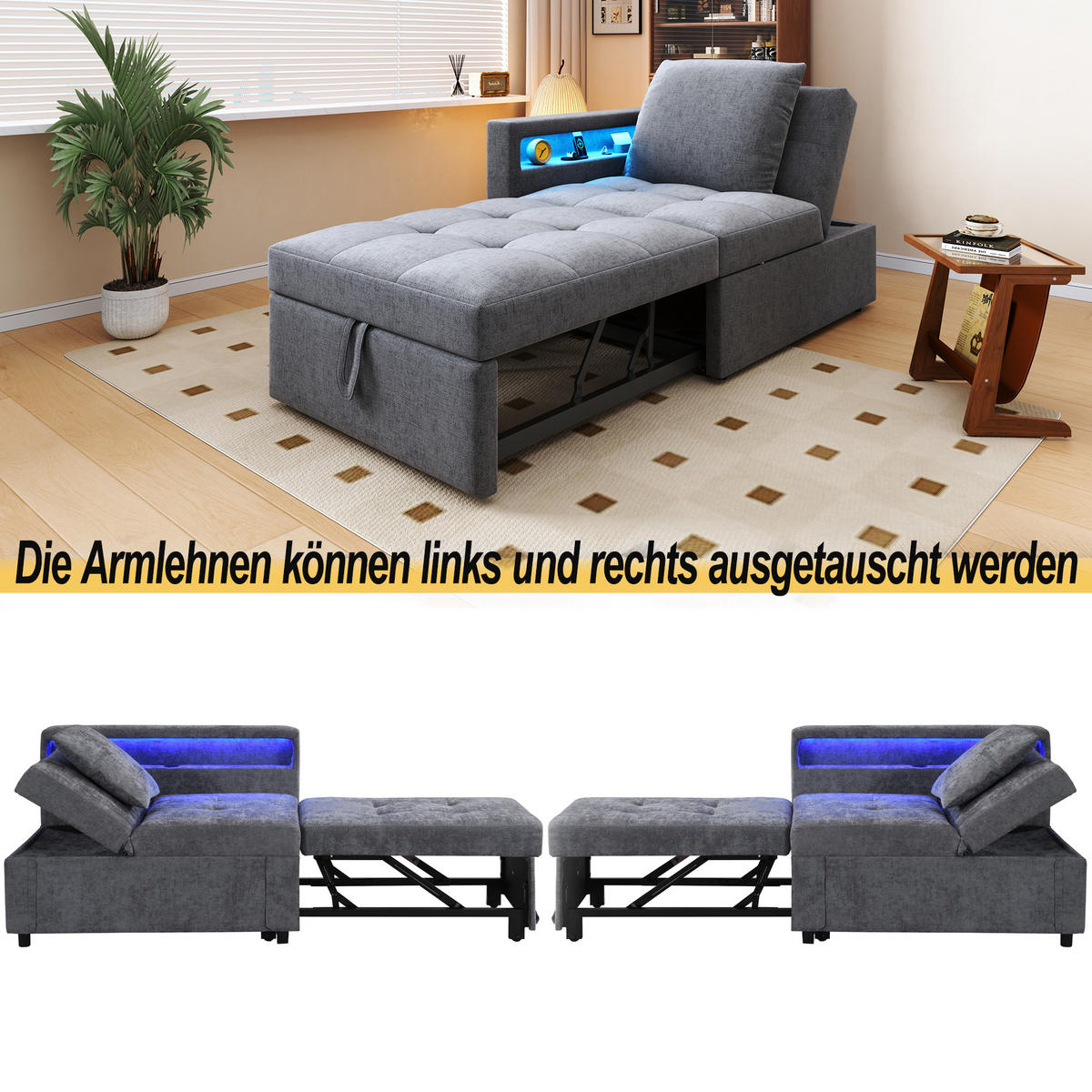 SCHLAFSOFA 3-in-1 Leinenstoff mit USB-Anschluss und LED Hellgrau 177/68/65 cm - Hellgrau, Textil (68/65/177cm) - Redom