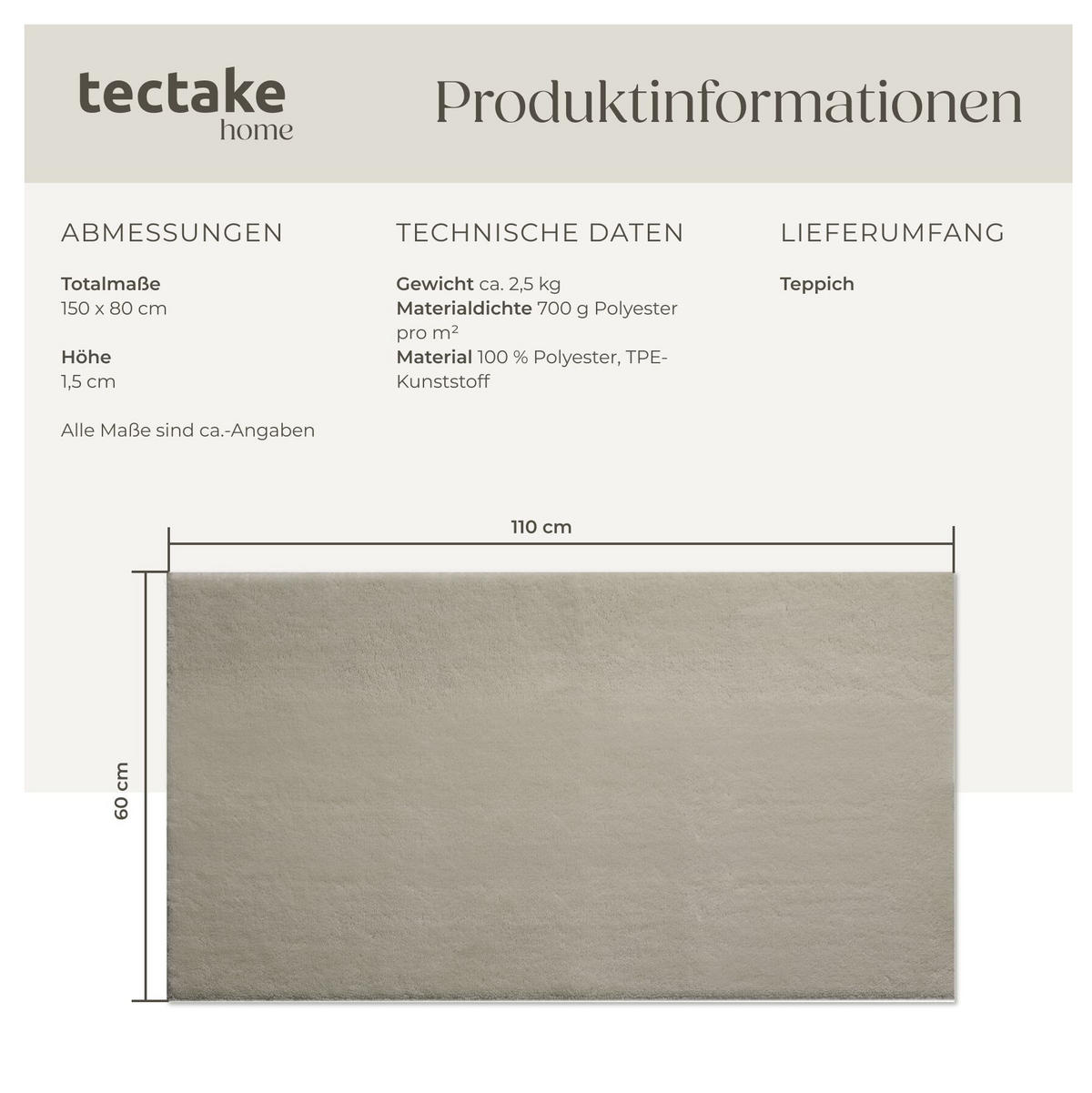 KURZFLORTEPPICH Soft Zone, rutschfeste Unterseite, Sand - Sandfarben, Textil (150/80cm) - tectake