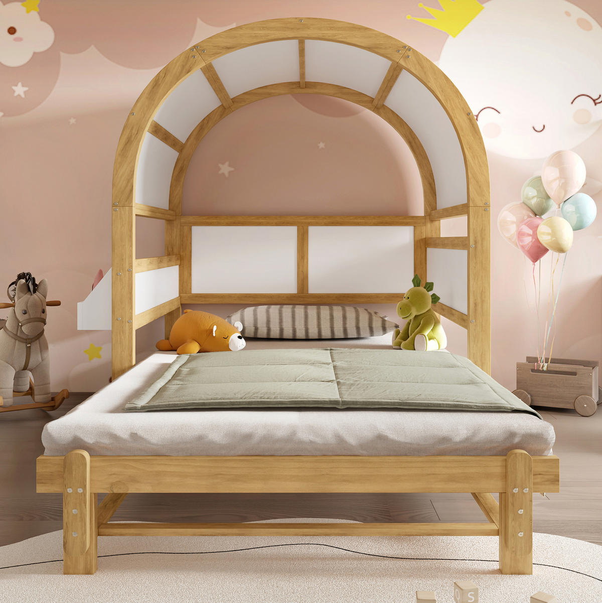 HAUSBETT 140/200 cm in Weiß/Natur – mit Dachaufbau und Ausziehbett - Weiß, Holzwerkstoff (140/200cm) - BEAOK