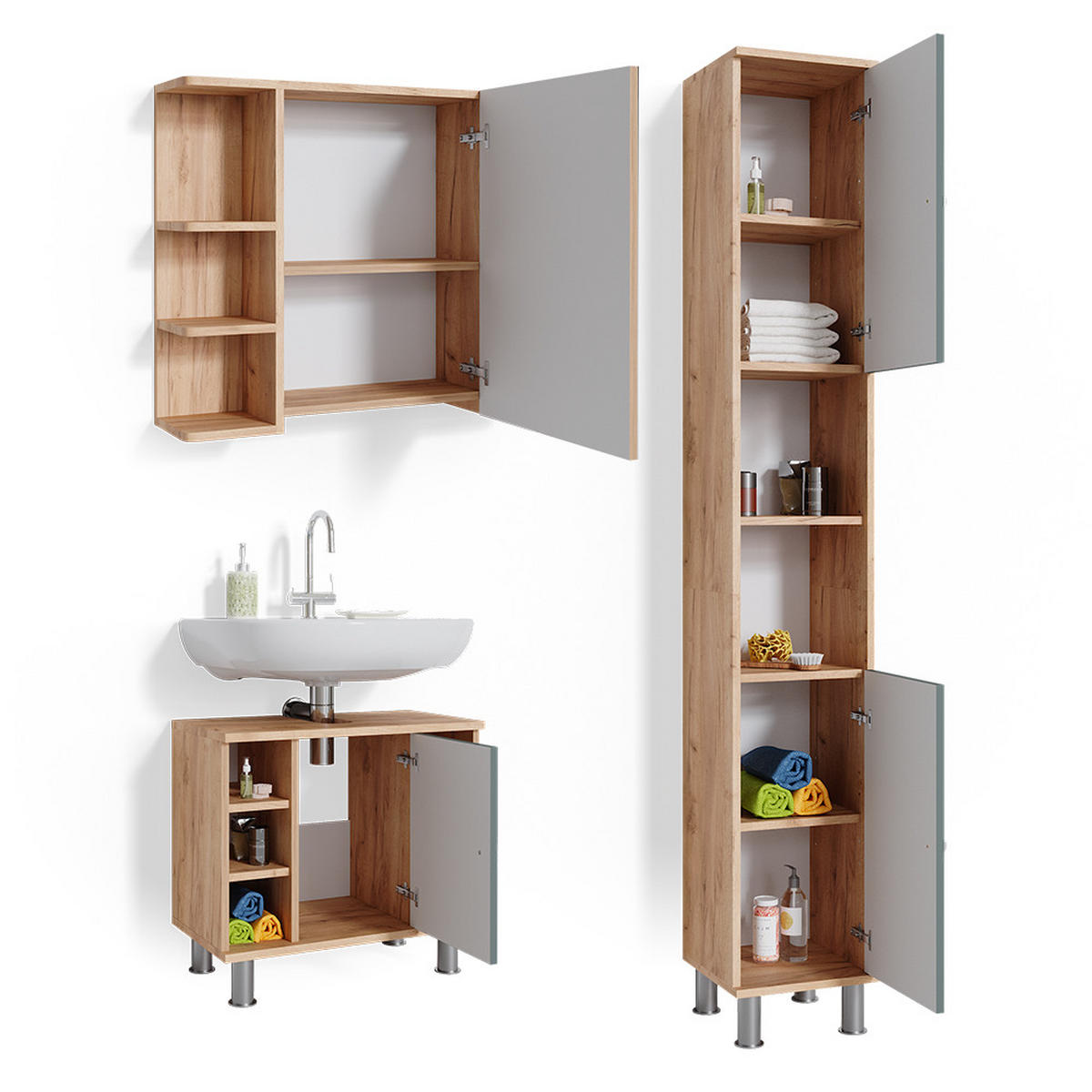 BADMÖBEL-SET Fynn Grün 3 Teile, mit Hochschrank - Honigeiche/Grün, Holzwerkstoff (60/54/32cm) - Vicco