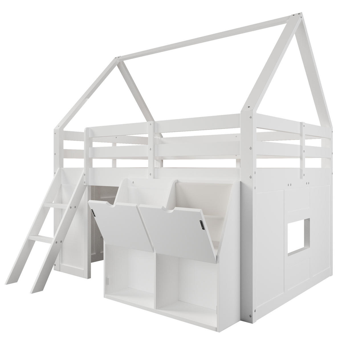 HOCHBETT aus Holz 140x200 cm Weiß mit Treppe, LED-Beleuchtung, Aufbewahrungsboxen und Stofftaschen - Weiß, Holz (140/200cm) - Modfu