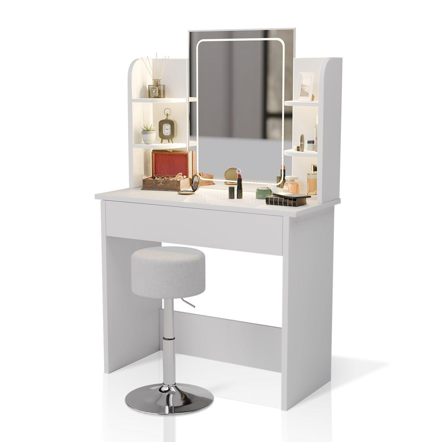 SCHMINKTISCH Zoey LED-Spiegel & Hocker Tonia - Weiß, Holz (40/140/90cm) - Juskys