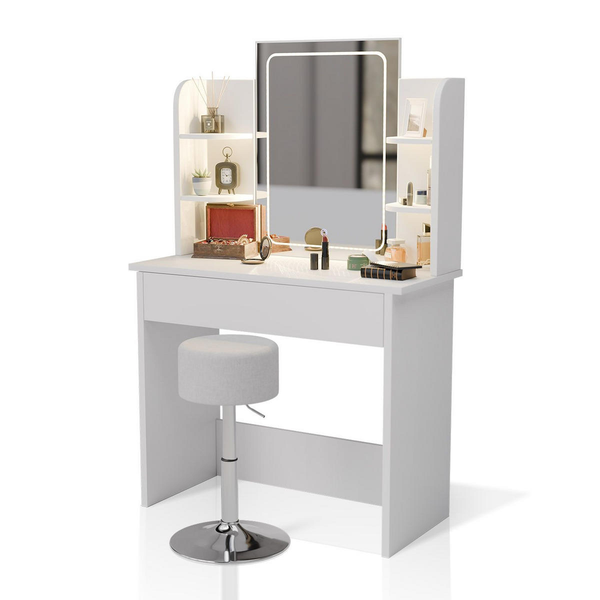 SCHMINKTISCH Zoey LED-Spiegel & Hocker Tonia - Weiß, Holz (40/140/90cm) - Juskys