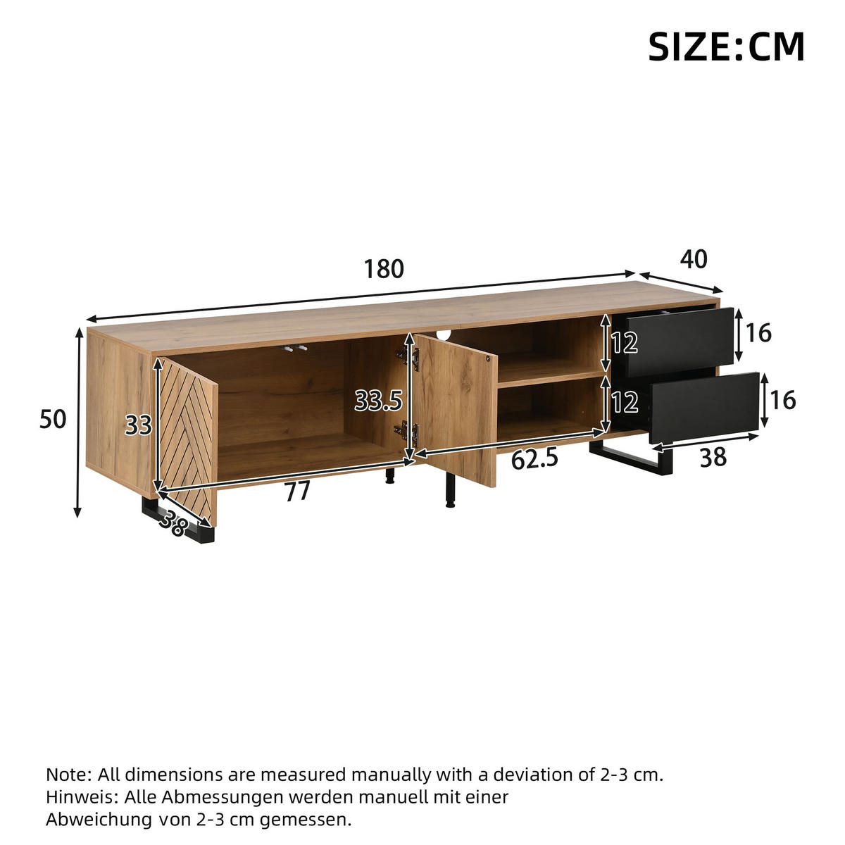 TV-SCHRANK Lowboard Holzoptik 180cm 2 Schubladen Modern - Multicolor, Holzwerkstoff (180/50/40cm) - FLIEKS