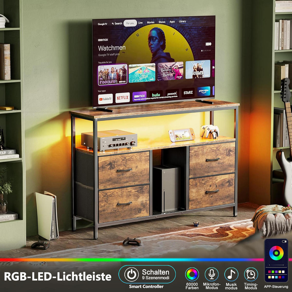 TV-SCHRANK 137 CM - Tigerholz-Optik mit Tigerholz-Stoffschubladen - Bernsteinfarben, Holz (30/78/137cm)