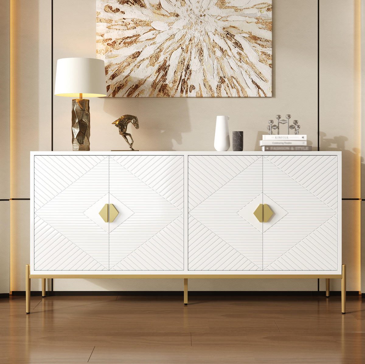 SIDEBOARD 162/40/80 cm, 4 Türen, Weiß mit geometrischem 3D-Muster, goldene Griffe und Metallbeine, Weiß - Weiß, Holzwerkstoff (162/80/40cm) - Redom