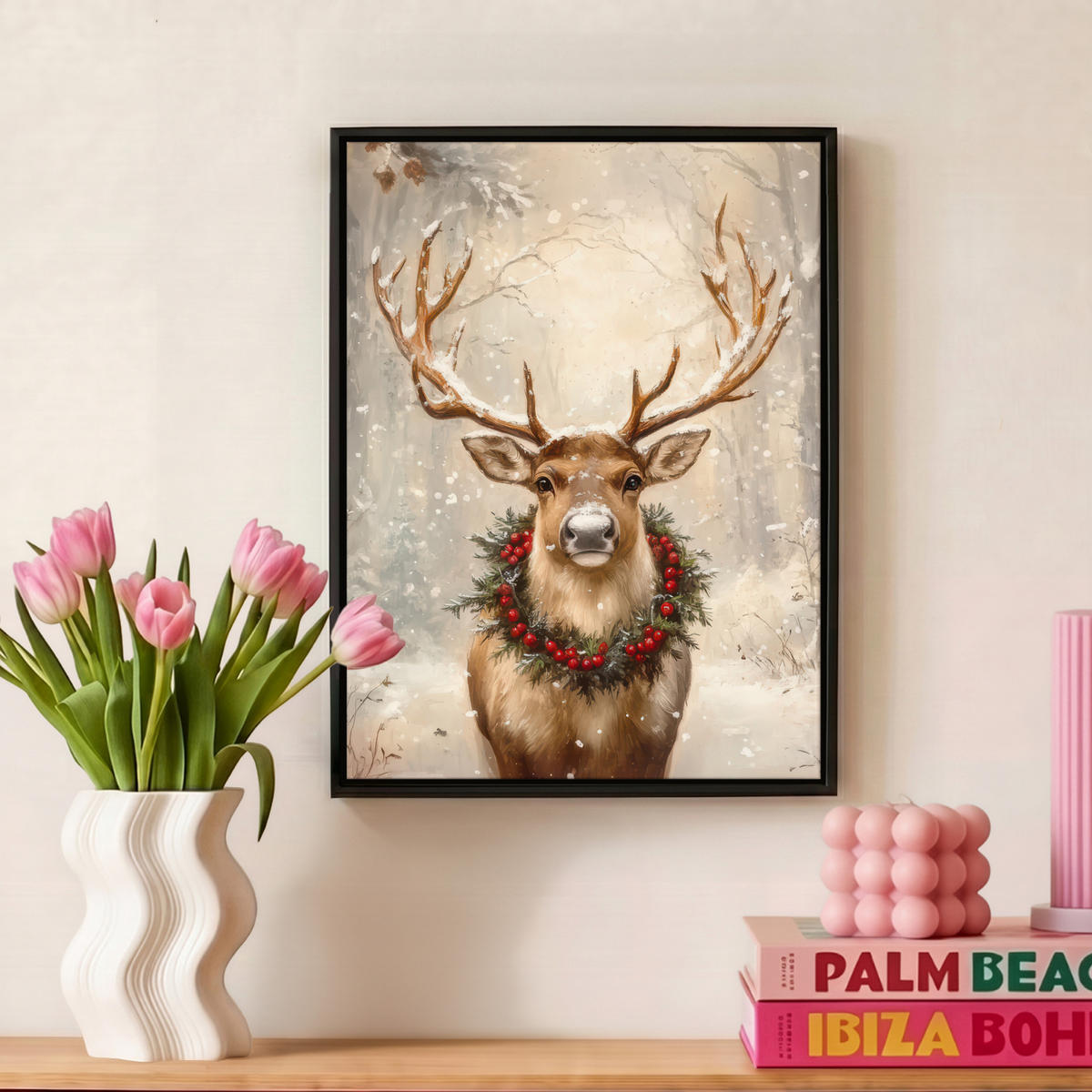 LEINWAND Bilder mit Rahmen - Weihnachten - Rentier - Winter - Kranz - 30x40 - Naturfarben, Textil (30/40cm) - MuchoWow