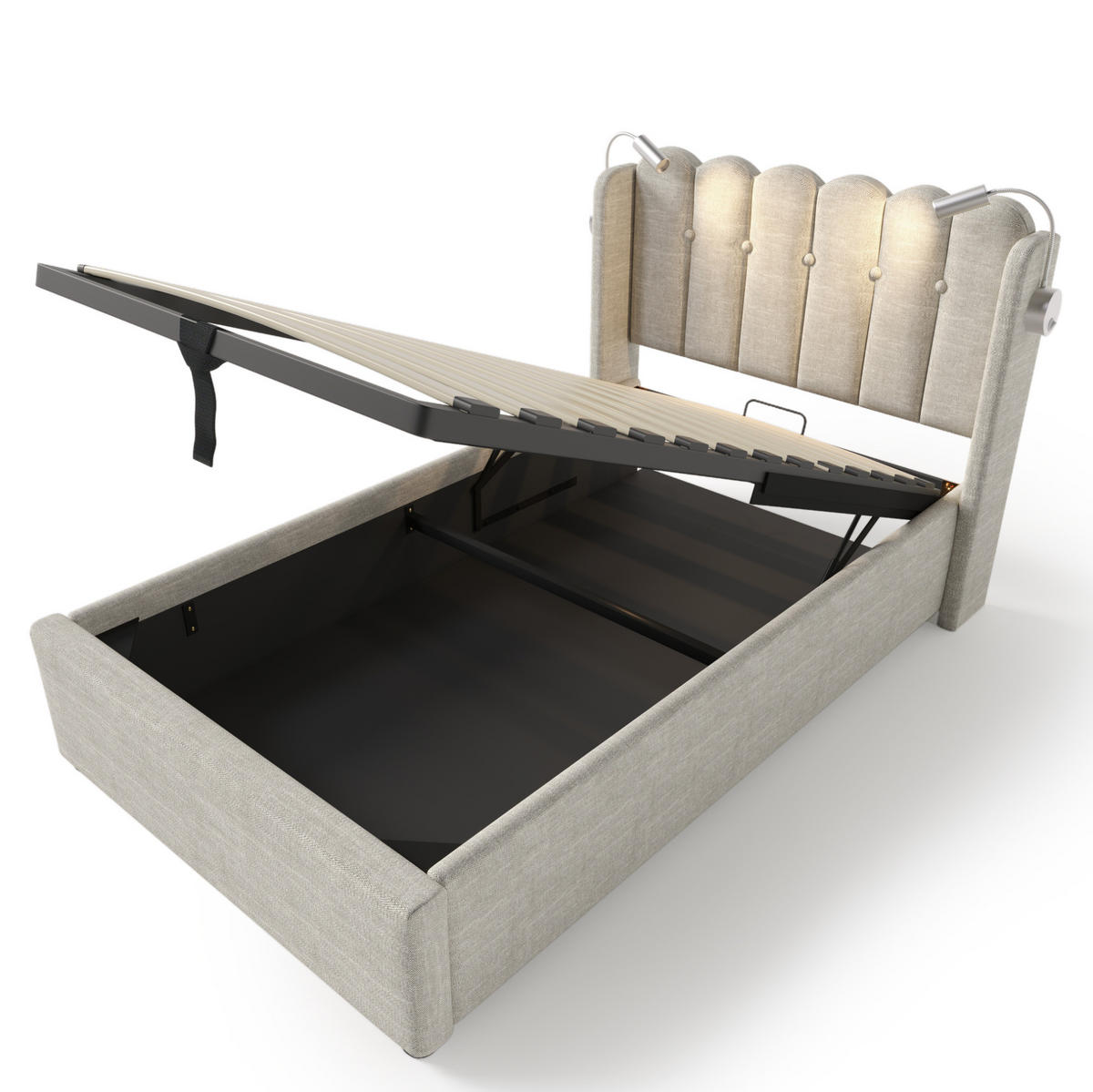 POLSTERBETT mit Bettkasten, Leselicht und USB 90x200 cm Beige - Beige, Metall (90/200cm) - Meubliv