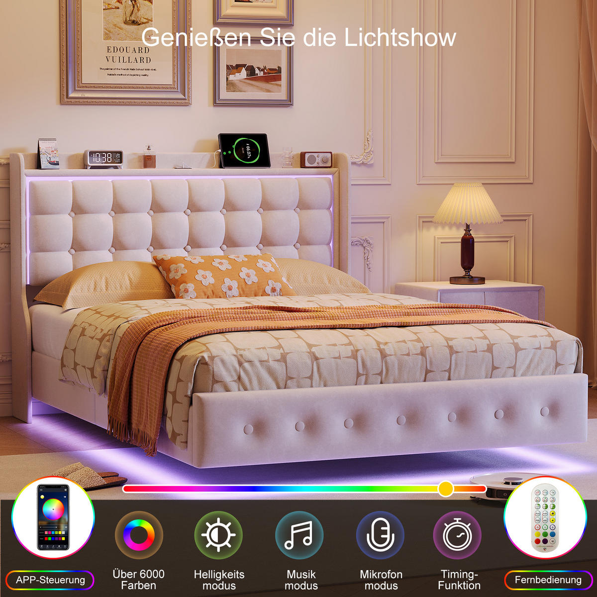 POLSTERBETT 140x200 cm Schwebebett mit LED & USB, Samtstoff Beige Doppelbett mit Lattenrost - Beige, Metall (140/200cm) - EuroLiving