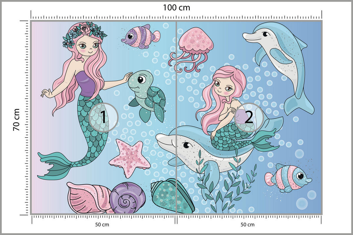 FOTOTAPETE für Kinderzimmer Meerjungfrauen Delfine Fische Muscheln Qualle Schildkröte 100x70 - Multicolor, Papier (100/70cm) - Muralo