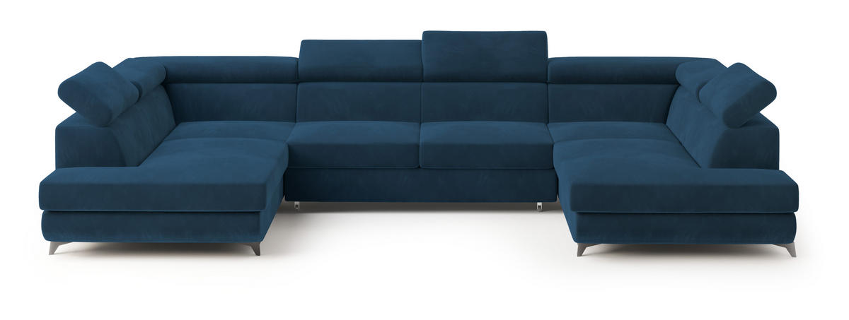 WOHNLANDSCHAFT VINTESSA Blau Velours-Stoff mit Schlaffunktion - Blau, Holz (323/89/190cm) - MASSENO