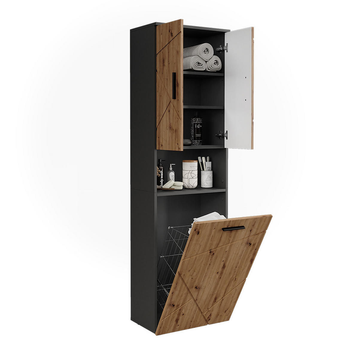 HOCHSCHRANK Irma Anthrazit/Artisan 50 x 172 cm mit Wäschkorb - Anthrazit/Eiche Artisan, Holzwerkstoff (50/172/30cm) - Vicco