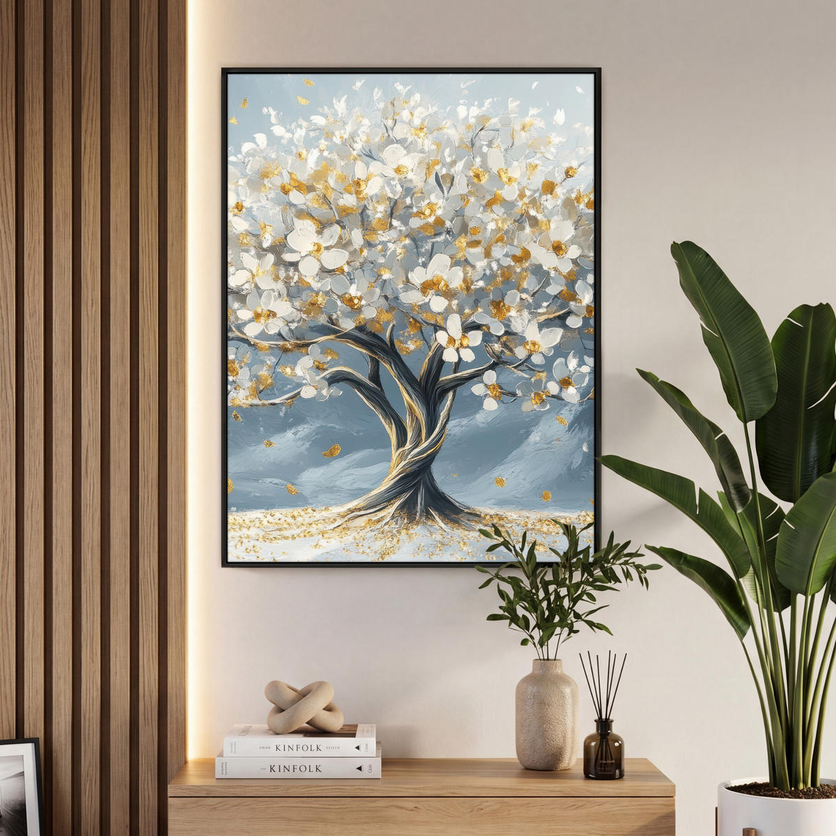 LEINWAND Bilder mit Rahmen - Baum - Winter - Baum des Lebens - Modern - Gold - 70x100 - Goldfarben, Textil (70/100cm) - MuchoWow