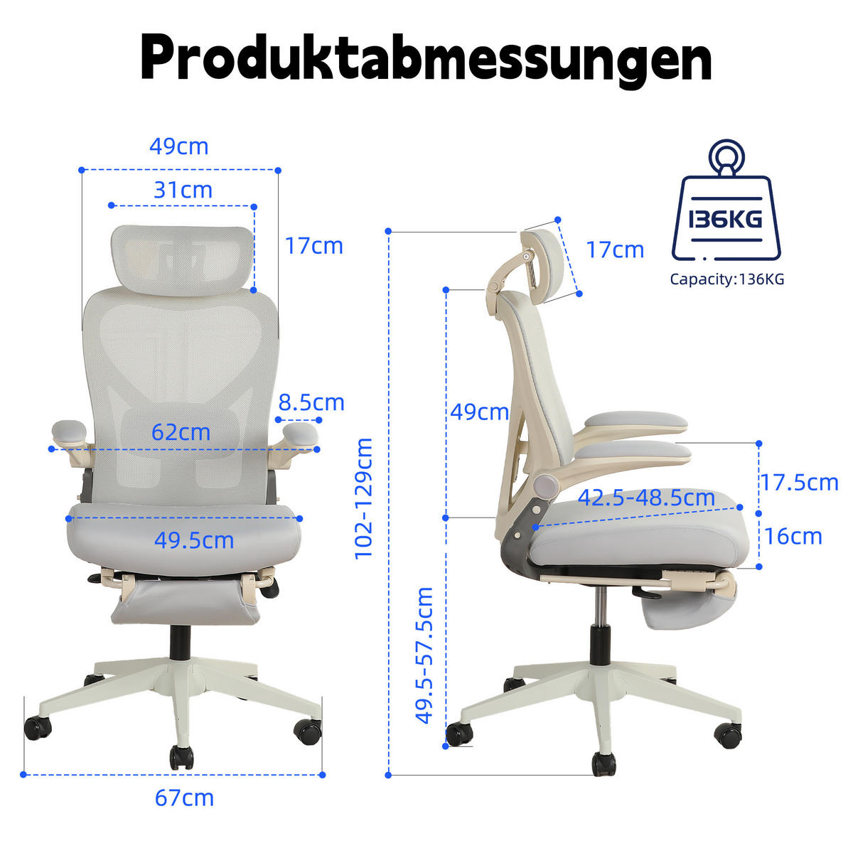 DREHSTUHL DE-40943 mit klappbarer Rückenlehne und 3D-Kopfstütze Grau - Grau, Metall (62/129/48.5cm) - ComfortXL