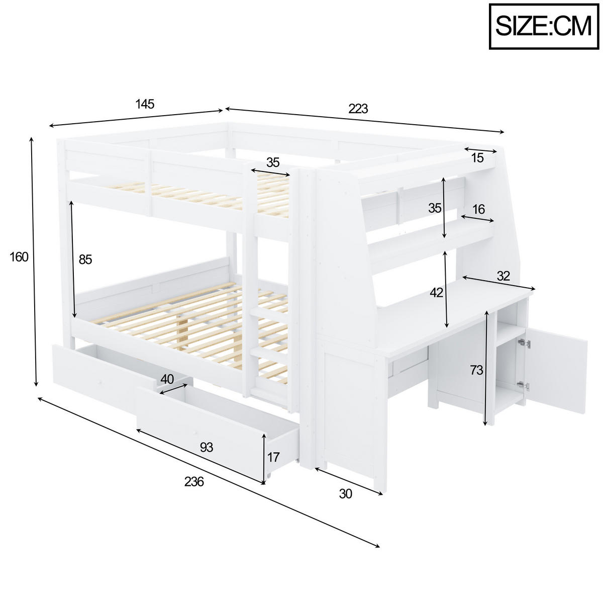 ETAGENBETT 140x200 cm in Weiß mit Schreibtisch, Stauraum und seitlichem Schrank - Weiß, Holz (140/200cm) - IVMEU