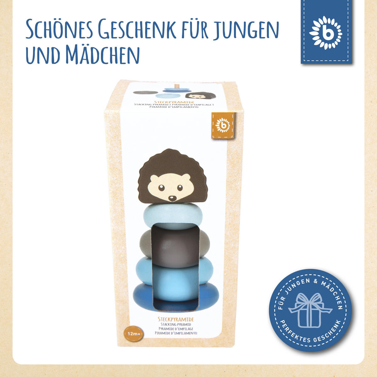 STAPELTURM Holz Igel - ab 12 Monate - Blau, Holz (6.2/6.2cm) - Bieco Spielwaren