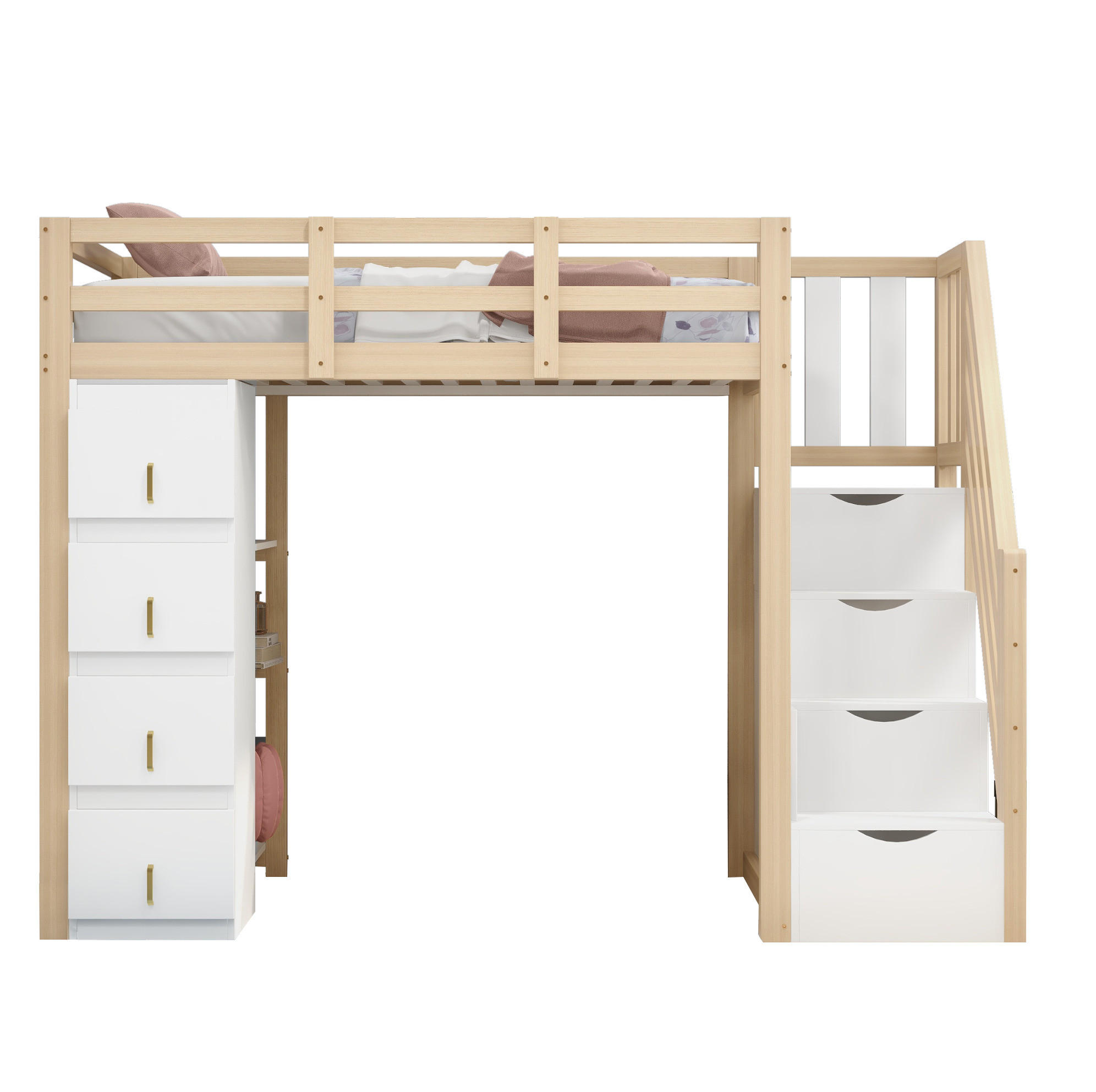 HOCHBETT 90/200 cm aus Massivholz mit Stauraumschubladen und Regal ohne Matratze - Weiß, Holz (90/200cm) - OKWISH